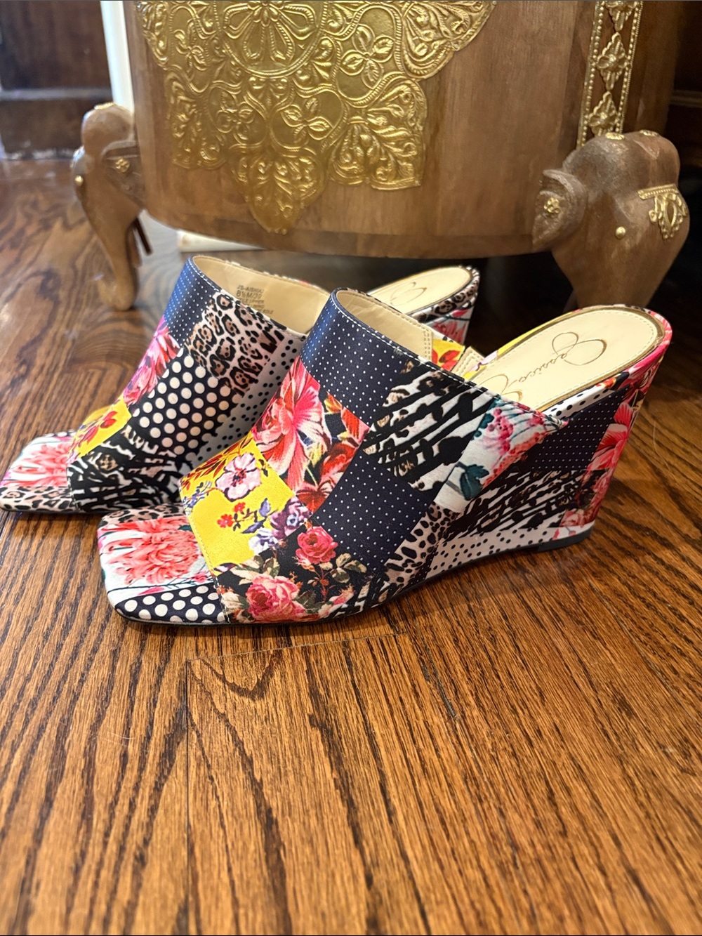 Jessica Simpson Multicolor Floral Patchwork Wedge Mules
